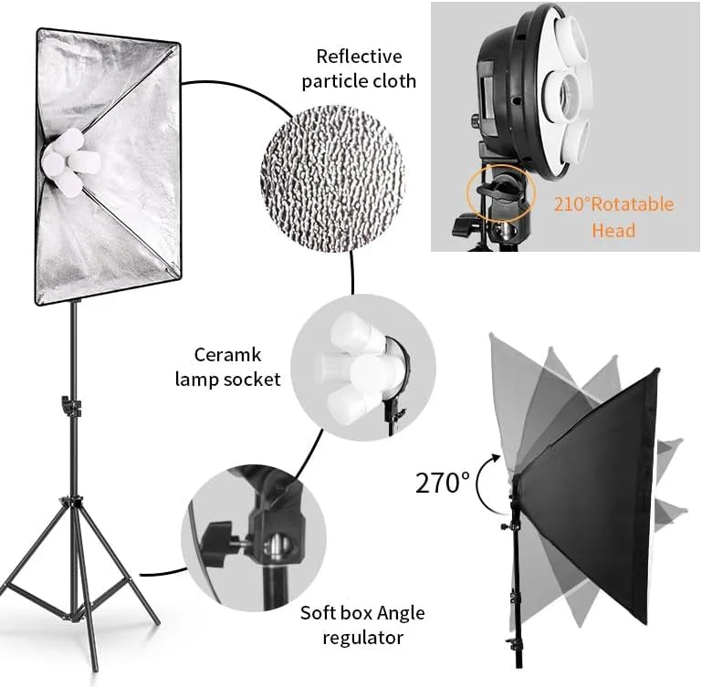 AECAM - کیت سافت باکس استودیوی عکس 4 تکه LED 15W، کیت نورپردازی عکاسی، لوازم جانبی عکس دوربین، 1 عدد پایه نور، 1 عدد سافت باکس برای (جعبه)