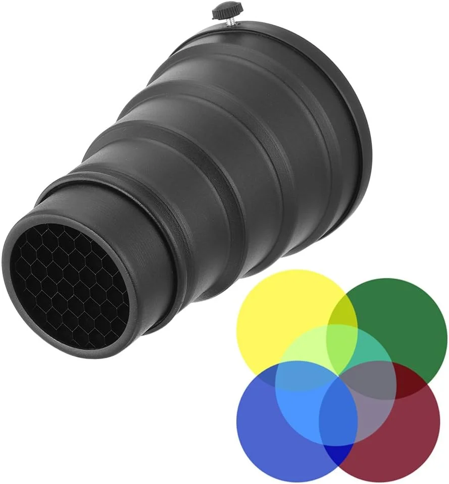اسنوت مخروطی فلزی با شبکه لانه زنبوری و کیت فیلتر رنگی 5 عددی برای فلاش عکاسی مونو لایت با مانت بوئنز (66ry135qf776) طول 150 میلی متر / 5.85 اینچ