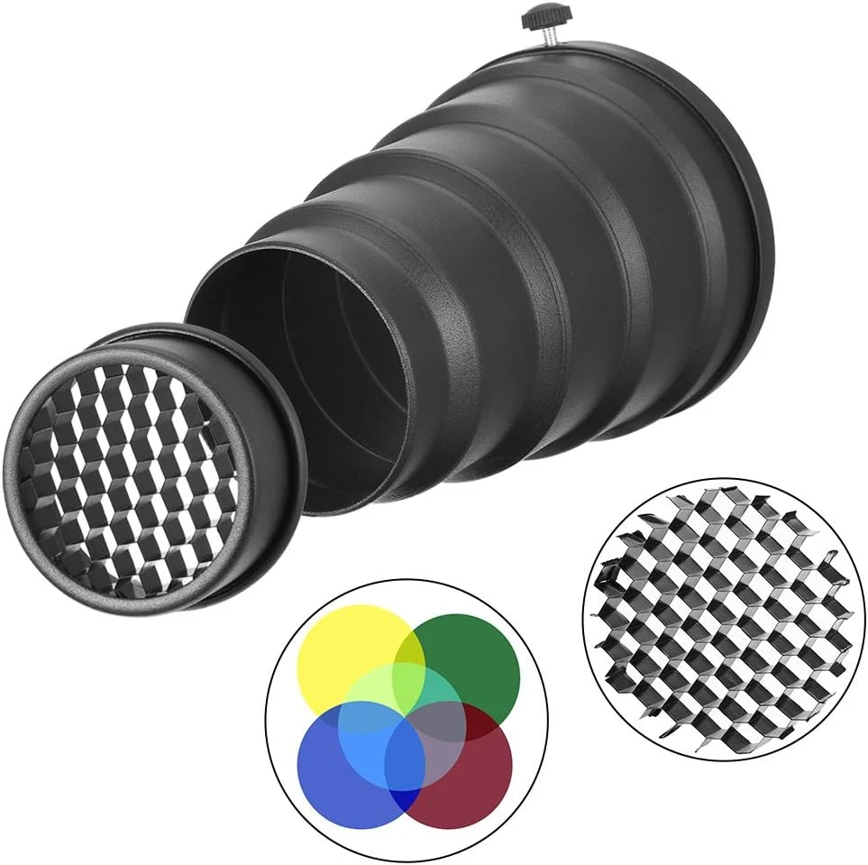 اسنوت مخروطی فلزی با شبکه لانه زنبوری و کیت فیلتر رنگی 5 عددی برای فلاش عکاسی مونو لایت با مانت بوئنز (66ry135qf776) طول 150 میلی متر / 5.85 اینچ