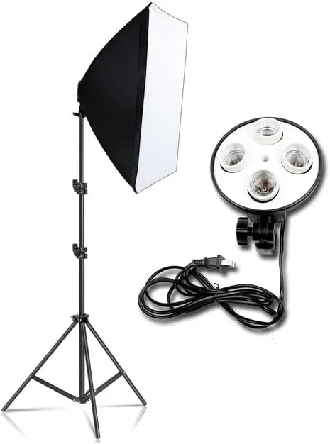 AECAM - کیت نورپردازی سافت باکس عکاسی 50x70 سانتی متر، کیت سافت باکس چهار لامپ، تجهیزات سافت باکس، پایه E27 برای کیت استودیوی عکس (فقط 1 کیت سافت باکس)