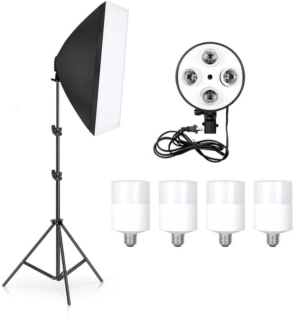 AECAM - کیت سافت باکس نورپردازی عکاسی 50x70 سانتی متر چهار لامپ با هولدر E27، لوازم جانبی سافت باکس برای استودیوی عکس، ویدئو و جعبه عکس (سافت باکس، سه پایه، لامپ)
