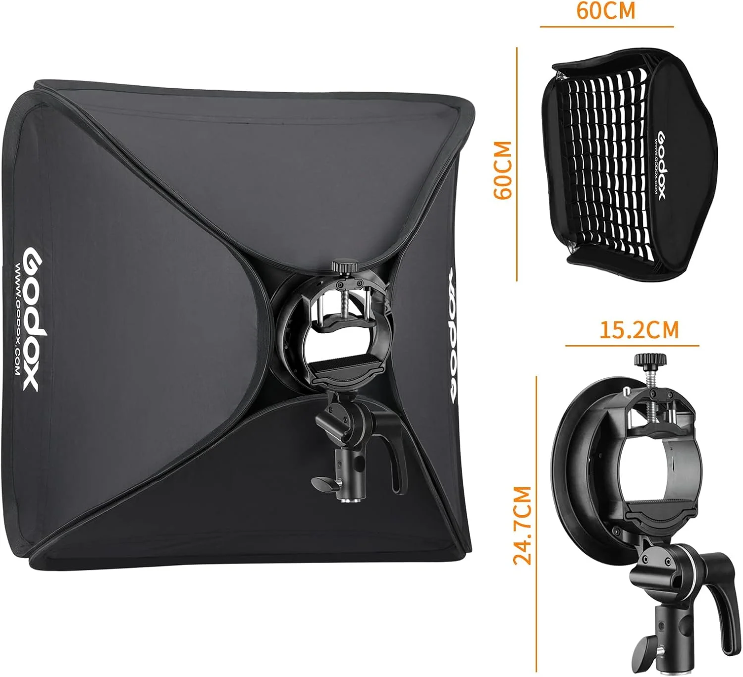 سافت باکس تاشو قابل حمل گودکس 60x60 سانتی متر با براکت اسپیدلایت S2، مانت بوئنز و گرید لانه زنبوری برای فلاش استودیویی عکاسی