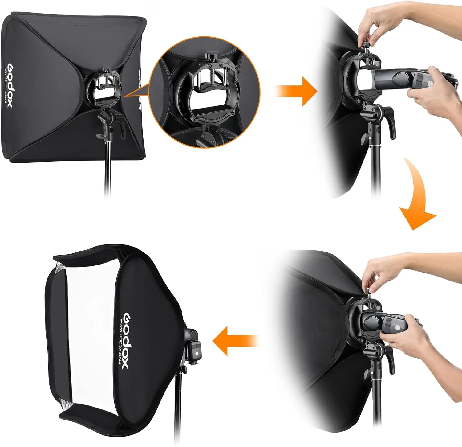 سافت باکس تاشو قابل حمل گودکس 60x60 سانتی متر با براکت اسپیدلایت S2، مانت بوئنز و گرید لانه زنبوری برای فلاش استودیویی عکاسی