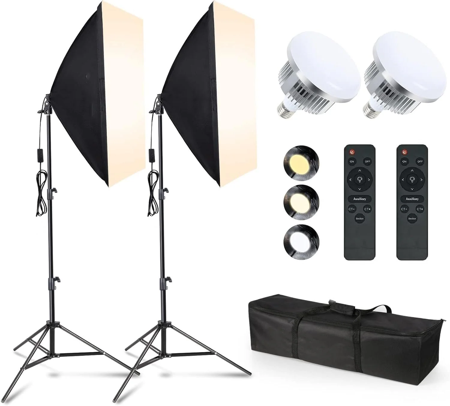 کیت نورپردازی سافت باکس (2 عدد)، سافت باکس 50x70 سانتی متر | لامپ ال ای دی 150 وات E27 با دمای رنگی 3200-5500K، تجهیزات نورپردازی مداوم استودیوی عکس برای عکاسی، ضبط ویدیو