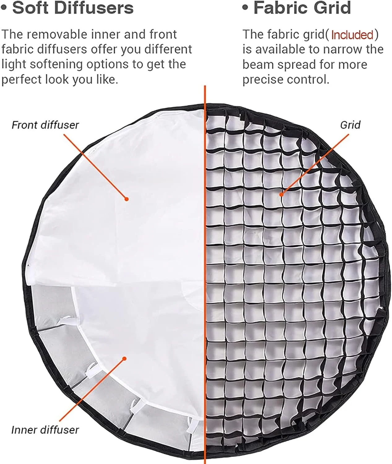 سافت باکس پارابولیک سریع و قابل حمل گودکس QR-P70 با قطر 70 سانتی متر، به همراه دیفیوزر داخلی و خارجی، مناسب برای Godox SL-60W VL150 VL300 UL150 SL150WII SL200WII SZ150R SZ200BI (به همراه گرید پارچه ای)