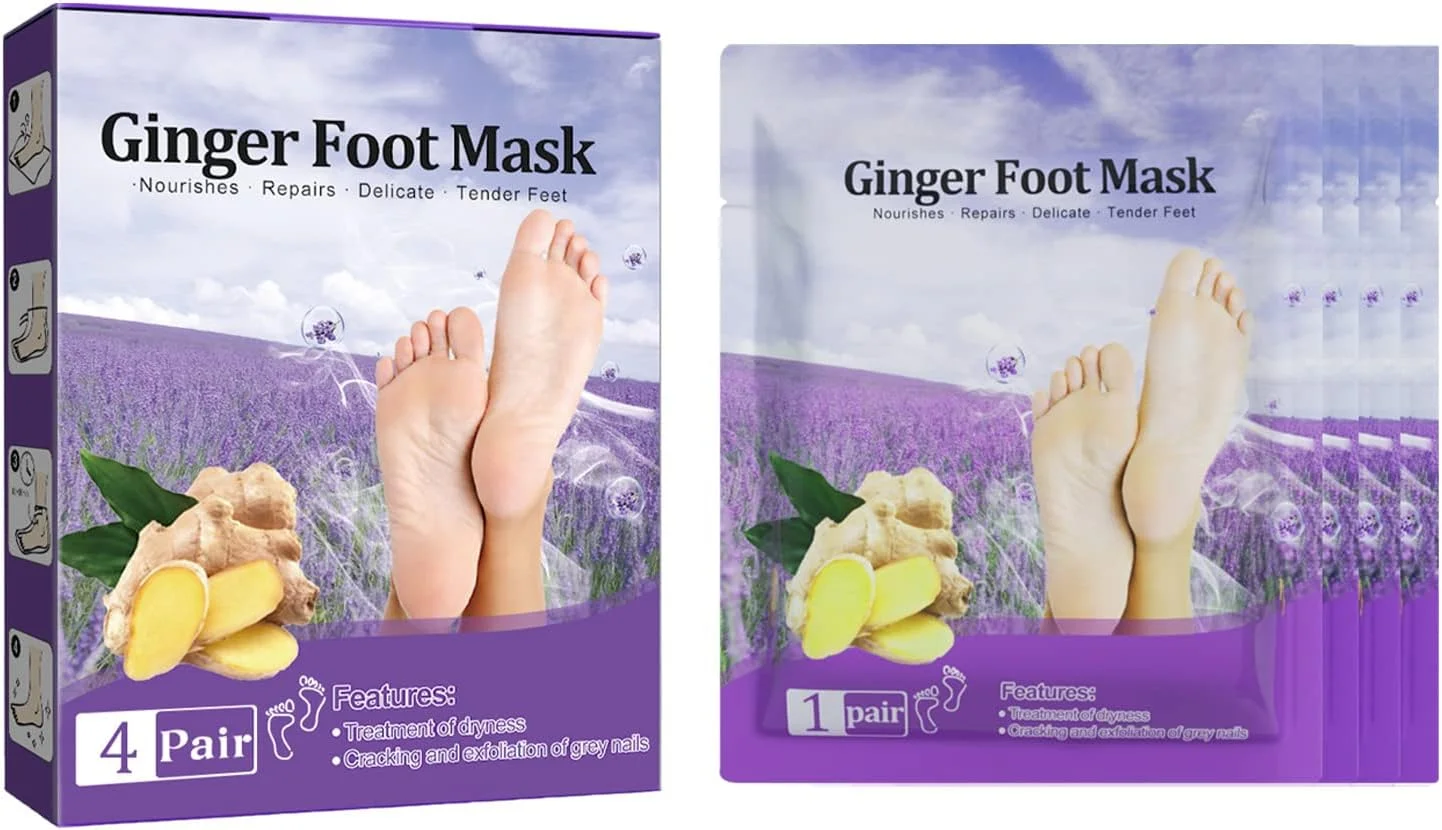 ماسک لایه بردار پا Nnewvante - بسته 4 عددی ماسک لایه بردار پا برای پاهای خشک و ترک خورده، پینه و از بین بردن پوست مرده - ماسک لایه بردار پا برای پاهای نرم کودکانه برای مردان، رایحه زنجبیل