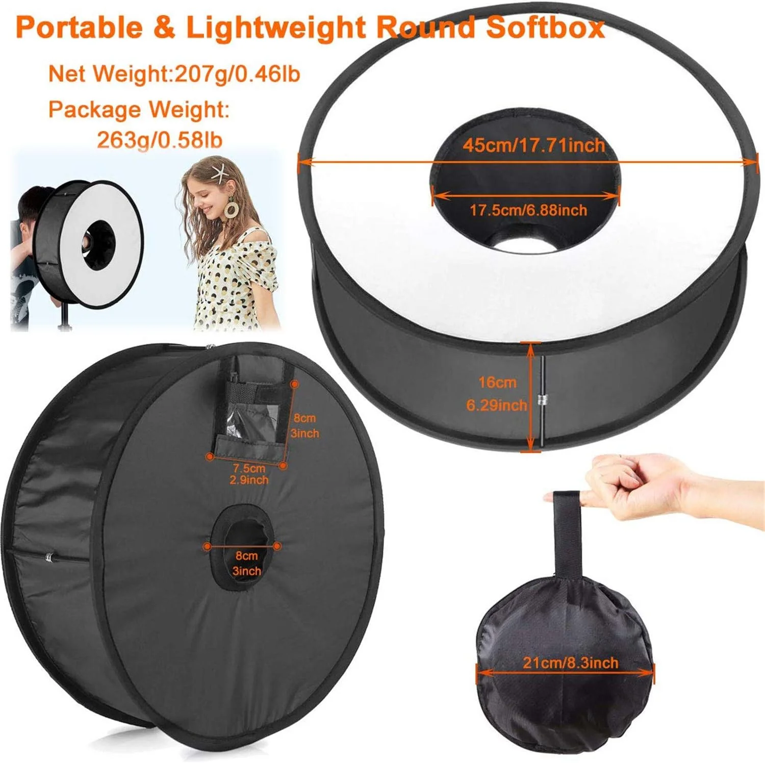 نرم باکس فلاش عکاسی گرد قابل حمل eWINNER با قطر 45 سانتی متر / 18 اینچ، اصلاح کننده نور استودیویی پرتره ماکرو سازگار با Canon/Nikon/Pentax/Speedlight