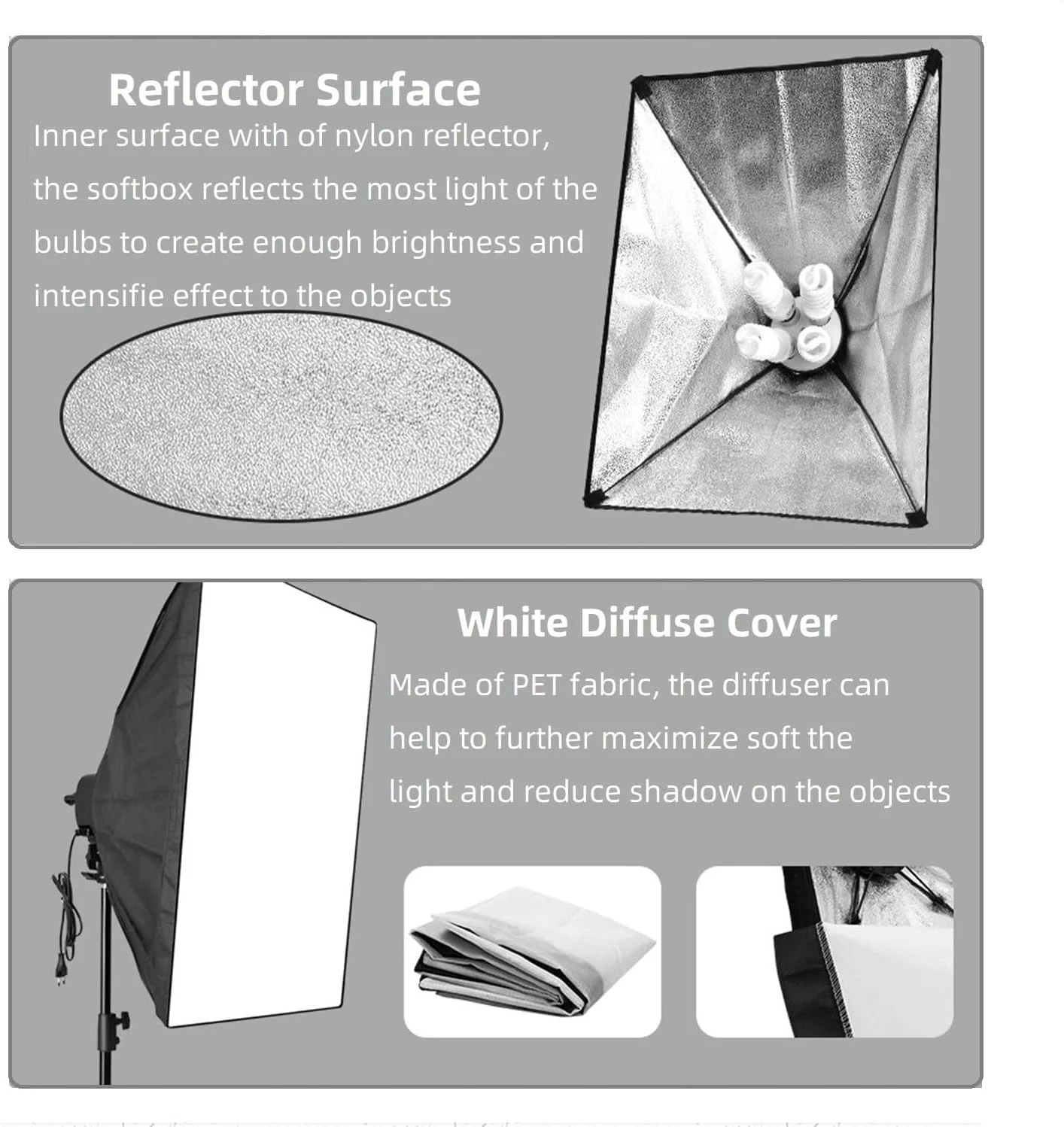 نگهدارنده 4 لامپ E27 به همراه سافت باکس 50 در 70 سانتی متری مناسب برای استودیو عکاسی و فیلمبرداری