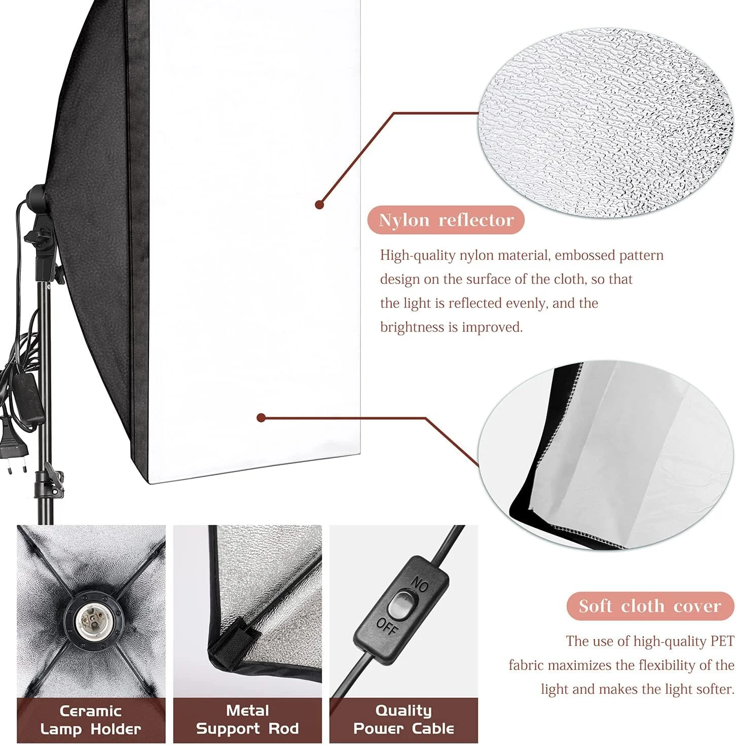 کیت نورپردازی استودیویی عکاسی ای وینر / 2 عدد لامپ 150 وات 5500K E27 / 2 عدد سافت باکس بازتابنده 20x28 اینچ / پایه های قابل تنظیم 79 اینچی / نورپردازی مداوم برای عکاسی پرتره، محصول، مد و فیلم