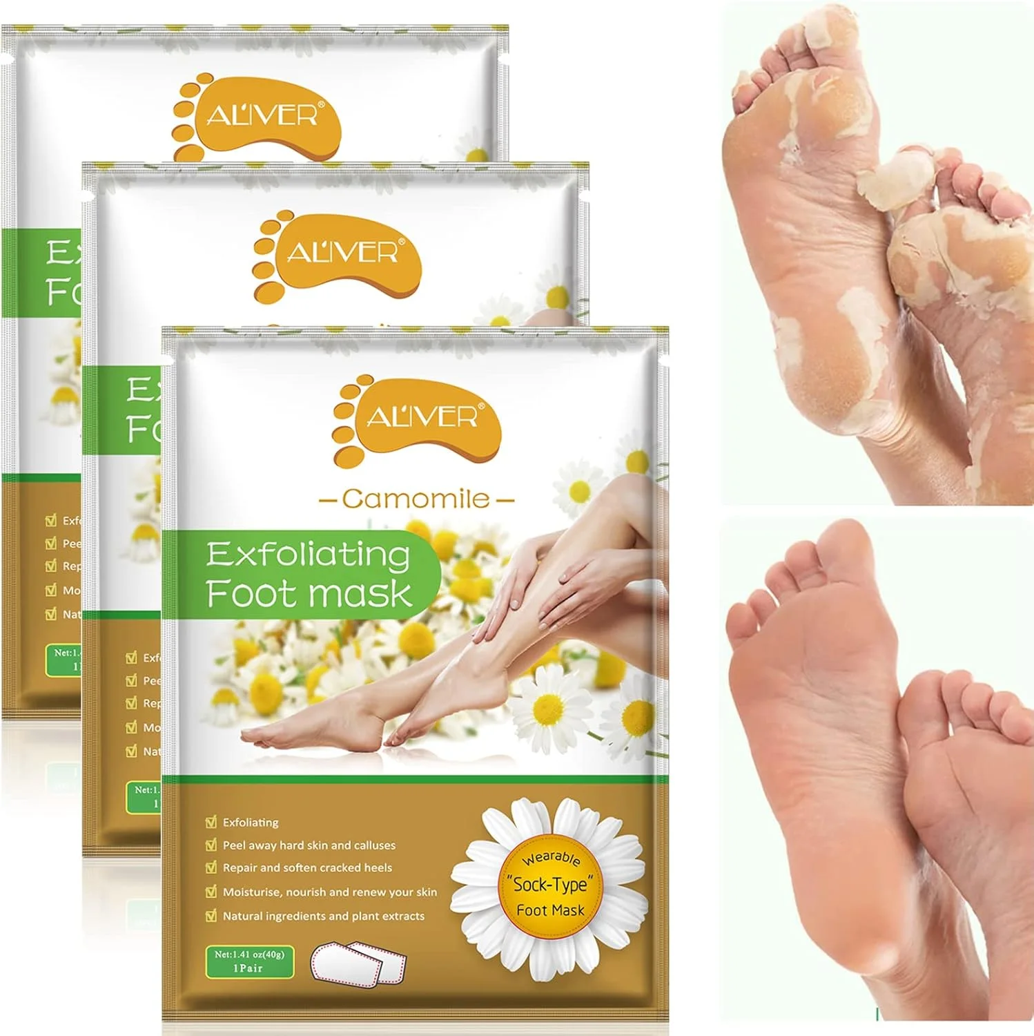 ماسک لایه بردار پا ALIVER، بسته 3 عددی، لایه برداری طبیعی برای از بین بردن پینه و سلول های مرده پوست، نرم کننده پوست پا، ترمیم پاشنه های زبر برای آقایان و بانوان - بابونه ماسک لایه بردار پا ALIVER، بسته 3 عددی، لایه برداری طبیعی برای از بین بردن پینه و سلول های مرده پوست، نرم کننده پوست پا، ترمیم پاشنه های زبر برای آقایان و بانوان - بابونه