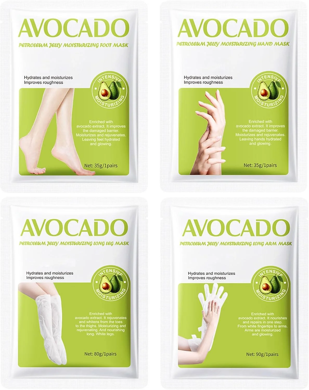 مجموعه ماسک دستکش مرطوب کننده و آبرسان پا، 4 بسته ماسک ترمیم کننده دست، پا، بازو و ساق پا برای پوست خشک و ترک خورده، مراقبت شدید از پوست، شامل ماسک دست + ماسک بازو + ماسک پا