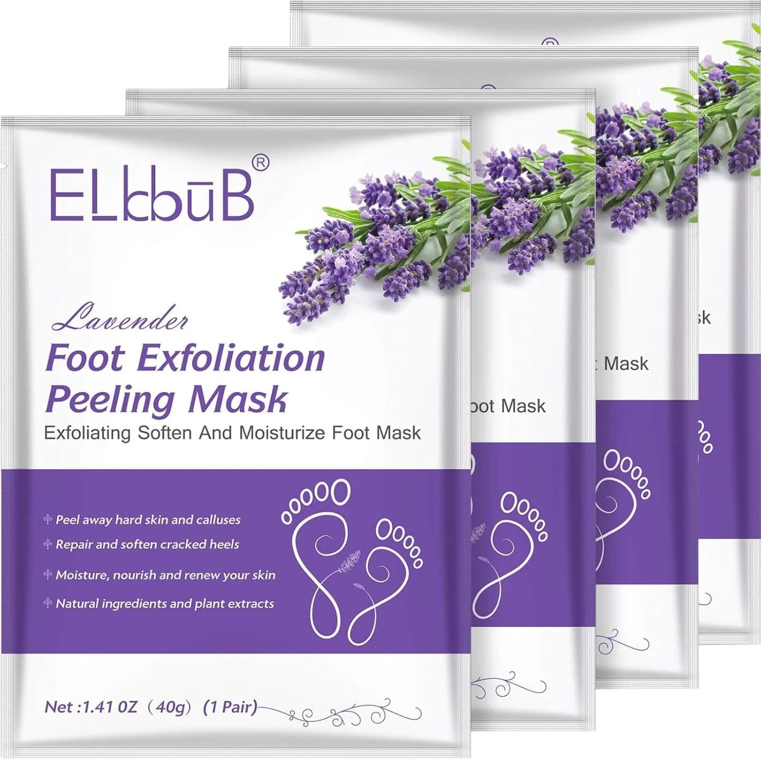 ماسک لایه بردار پا با عصاره اسطوخودوس، ۴ جفت، ماسک پا برای لایه برداری، لایه بردار پا با اسطوخودوس برای از بین بردن پینه و پوست مرده، ترمیم و نرم کردن پاشنه های ترک خورده و زبر برای خانم ها و آقایان