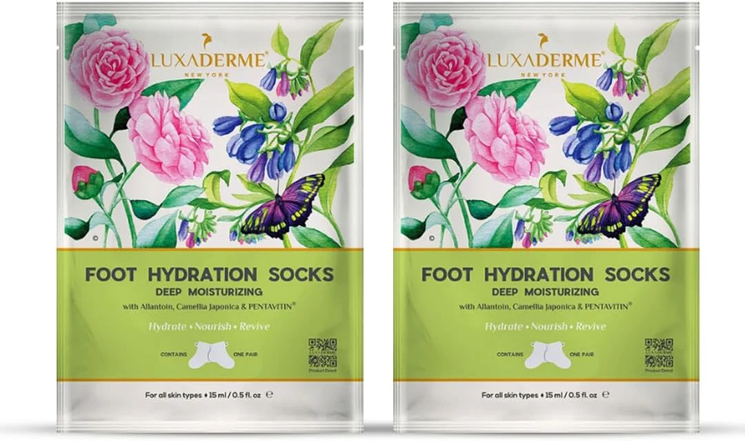 جوراب های آبرسان عمقی پا LuxaDerme - برای ایجاد طراوت و شادابی در پاهای کدر، خشک و زبر. نرم کننده ناخن ها و کوتیکول ها. حاوی شی باتر، آلوئه ورا و آویشن. جوراب های اسپا. 15 میلی لیتر (بسته 2 عددی)