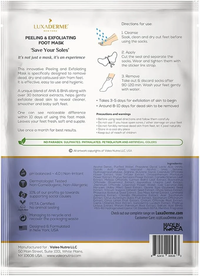 ماسک لایه بردار و اسکراب پا کره‌ای LuxaDerme برای داشتن پاهایی نرم مانند پای کودک | از بین برنده پوست خشک و پینه های سخت | آبرسان پاهای خشک (بسته 1 عددی)