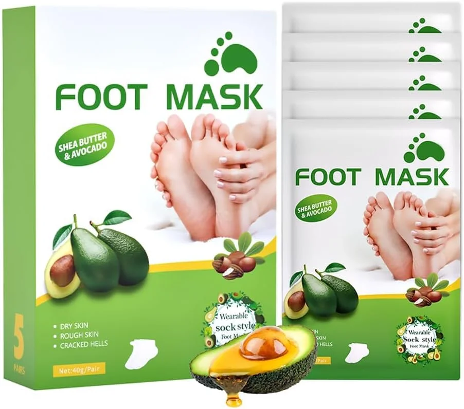 ۵ جفت ماسک لایه بردار پا، ماسک پا آووکادو برای پاهای خشک، زبر و ترک خورده، ترمیم پاشنه های زبر، لمس نرم و لطیف کودکانه، ست هدیه مراقبت از پا مرطوب کننده