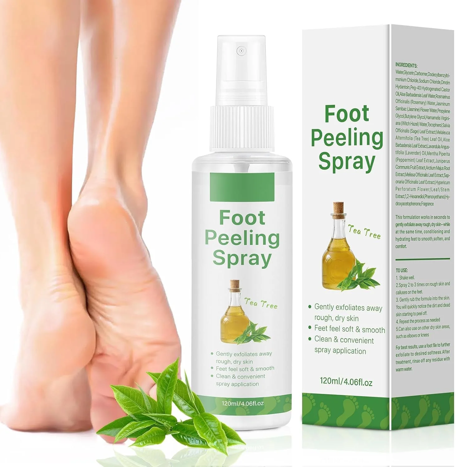 اسپری لایه بردار پا با عصاره درخت چای، 120 میلی لیتر، اسپری لایه بردار گیاهی و وگان پا، مرطوب کننده و نرم کننده پوست پا، لایه برداری ملایم پوست های زبر، از بین بردن پوست های مرده پا در چند ثانیه