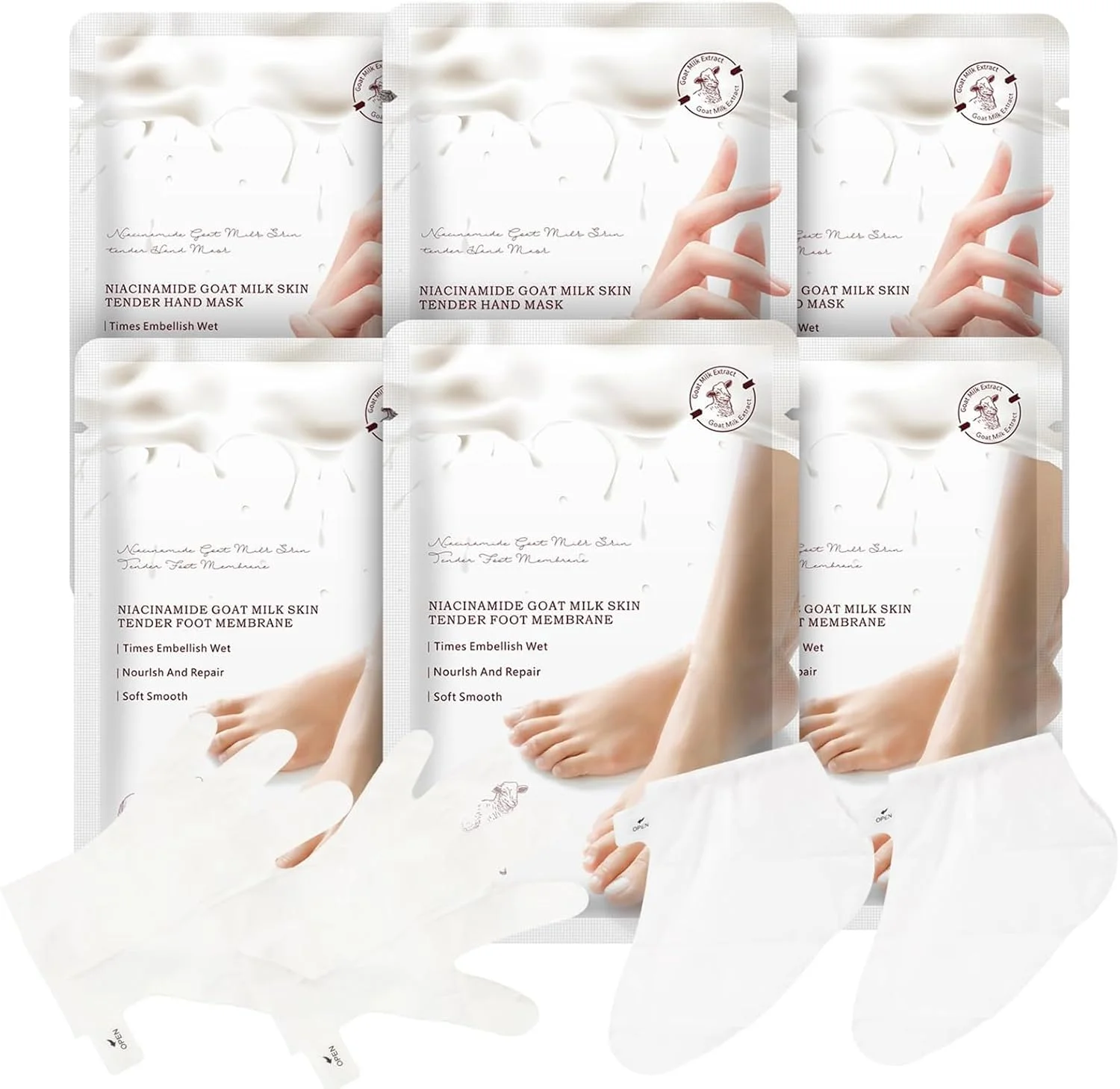 مجموعه ماسک دست و پا آبرسان 6 عددی برای زنان و مردان، 3 عدد ماسک دست و 3 عدد ماسک پا با شیر بز و نیاسینامید برای آبرسانی به دست ها و پاهای خشک و ترک خورده