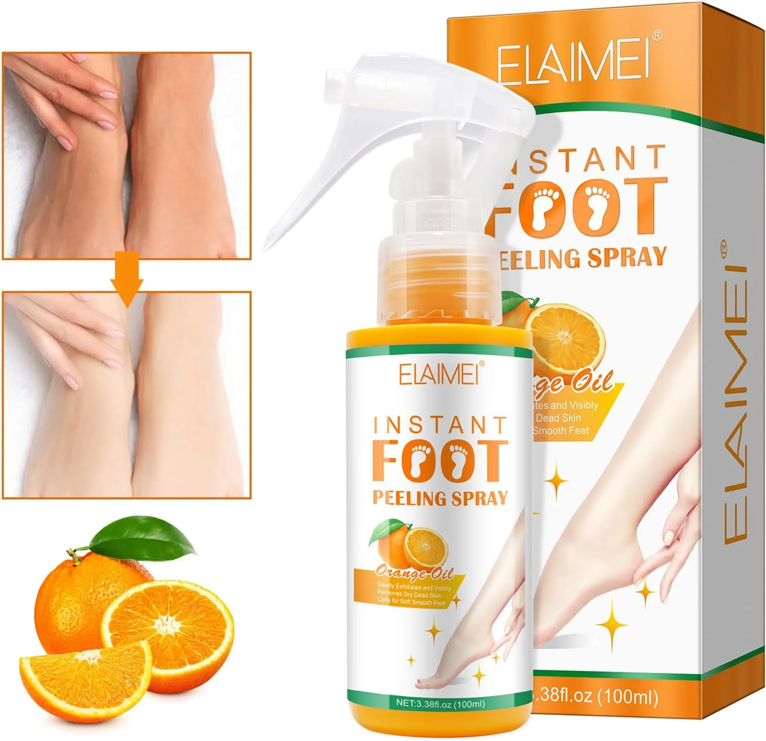 اسپری روغن لایه بردار پا، اسپری لایه بردار پا، لایه بردار پوست مرده پدیکور برای پاشنه های ترک خورده و زبر، پوست خشک انگشتان پا و پینه ها، حذف سریع پوست مرده (100 میلی لیتر) (نارنجی)
