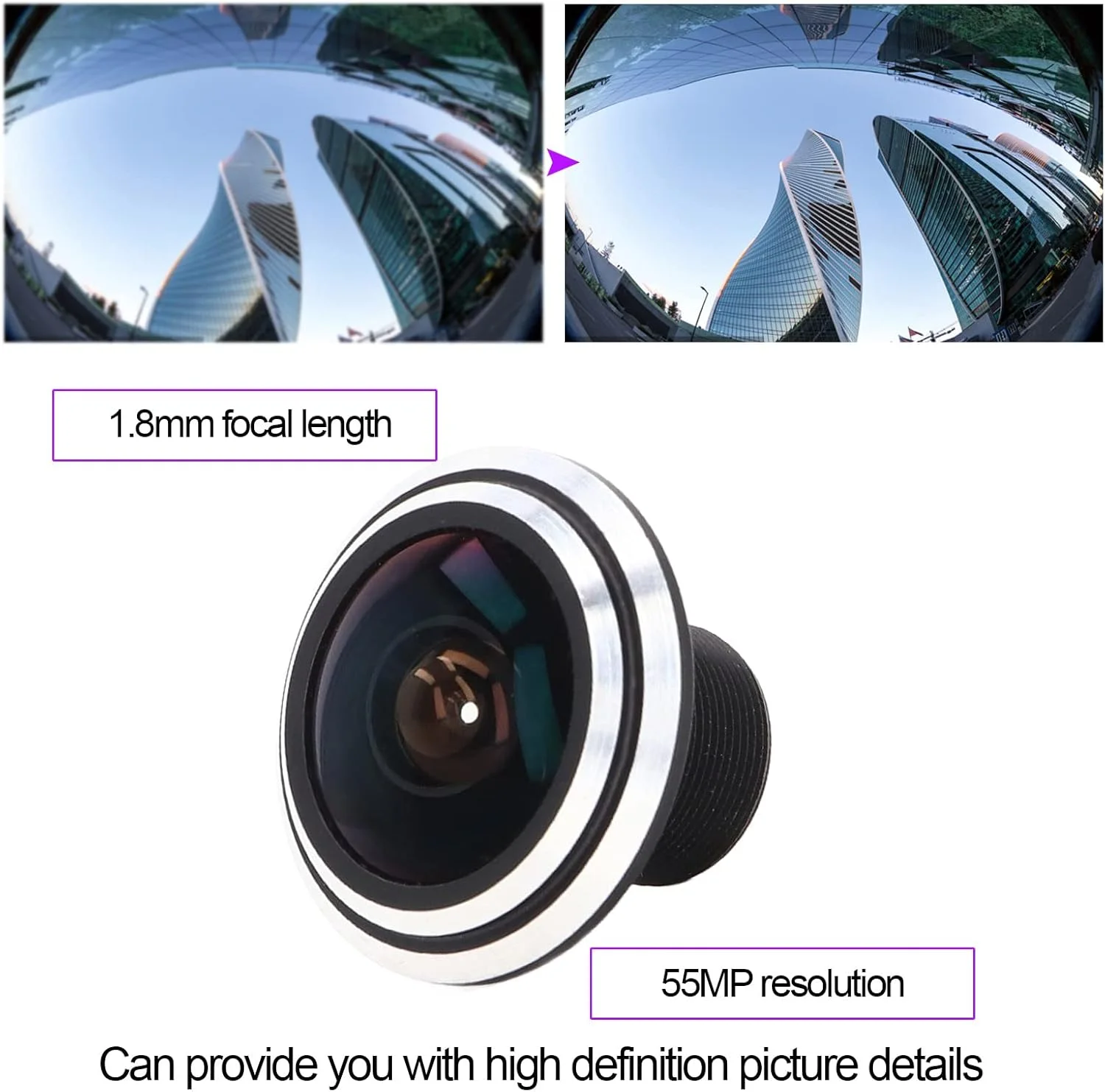 لنز چشم‌ماهی آلیاژ آلومینیوم 5 مگاپیکسلی با وضوح بالا، فاصله کانونی 1.8 میلی‌متری و دیافراگم ثابت برای دوربین مداربسته