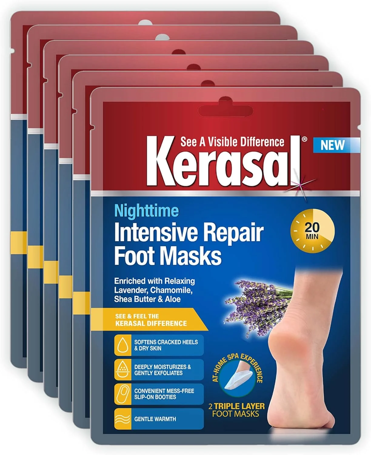 ماسک های ترمیم کننده فشرده شبانه پا Kerasal، ماسک پا برای پاشنه های ترک خورده و پاهای خشک، شش جفت