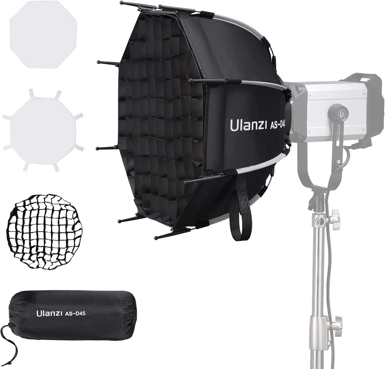 نرم باکس پارابولیک 45 سانتی‌متری ULANZI با رهاسازی سریع - سازگار با GODOX M200D/M300D، Aputure LS 60d/x/LS C120d II/Amaran 100 200dx/Amaran COB 60d/60x و سایر نورهای دارای مانت بوئنز