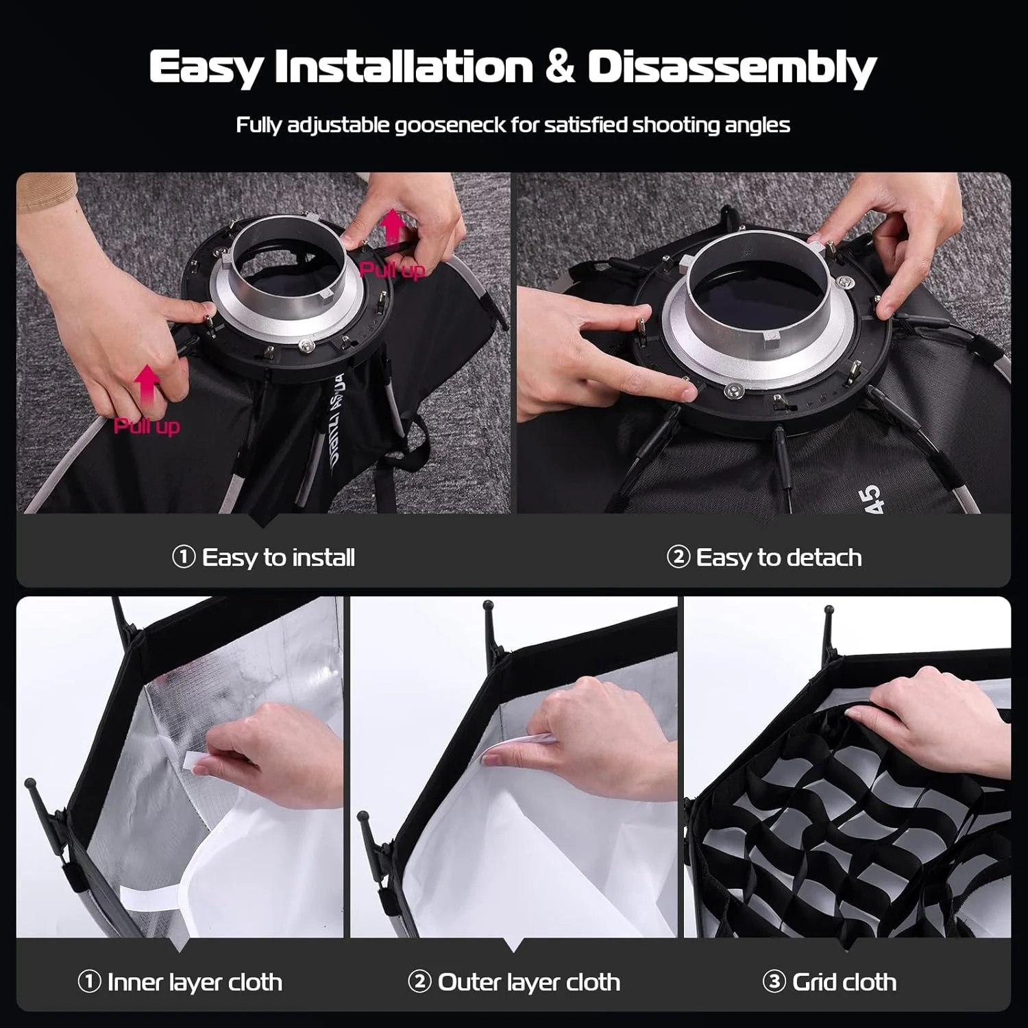 نرم باکس پارابولیک 45 سانتی‌متری ULANZI با رهاسازی سریع - سازگار با GODOX M200D/M300D، Aputure LS 60d/x/LS C120d II/Amaran 100 200dx/Amaran COB 60d/60x و سایر نورهای دارای مانت بوئنز