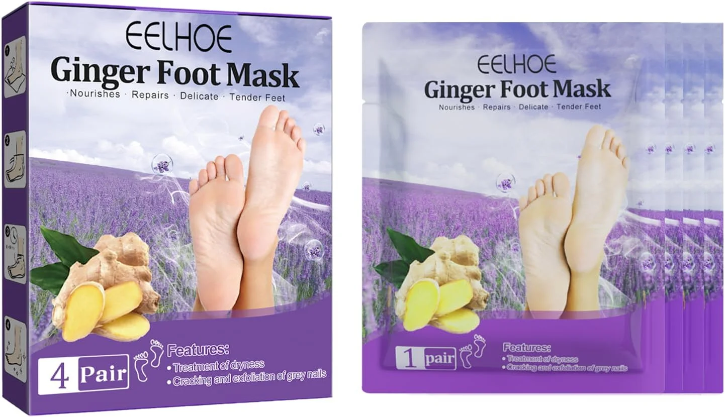 ماسک لایه بردار پا زنجبیلی 丨 ماسک پا برای خشکی، از بین بردن پینه و پوست مرده 丨 تسکین پوست، مرطوب کننده عمیق، مراقبت از پا 丨 4 جفت