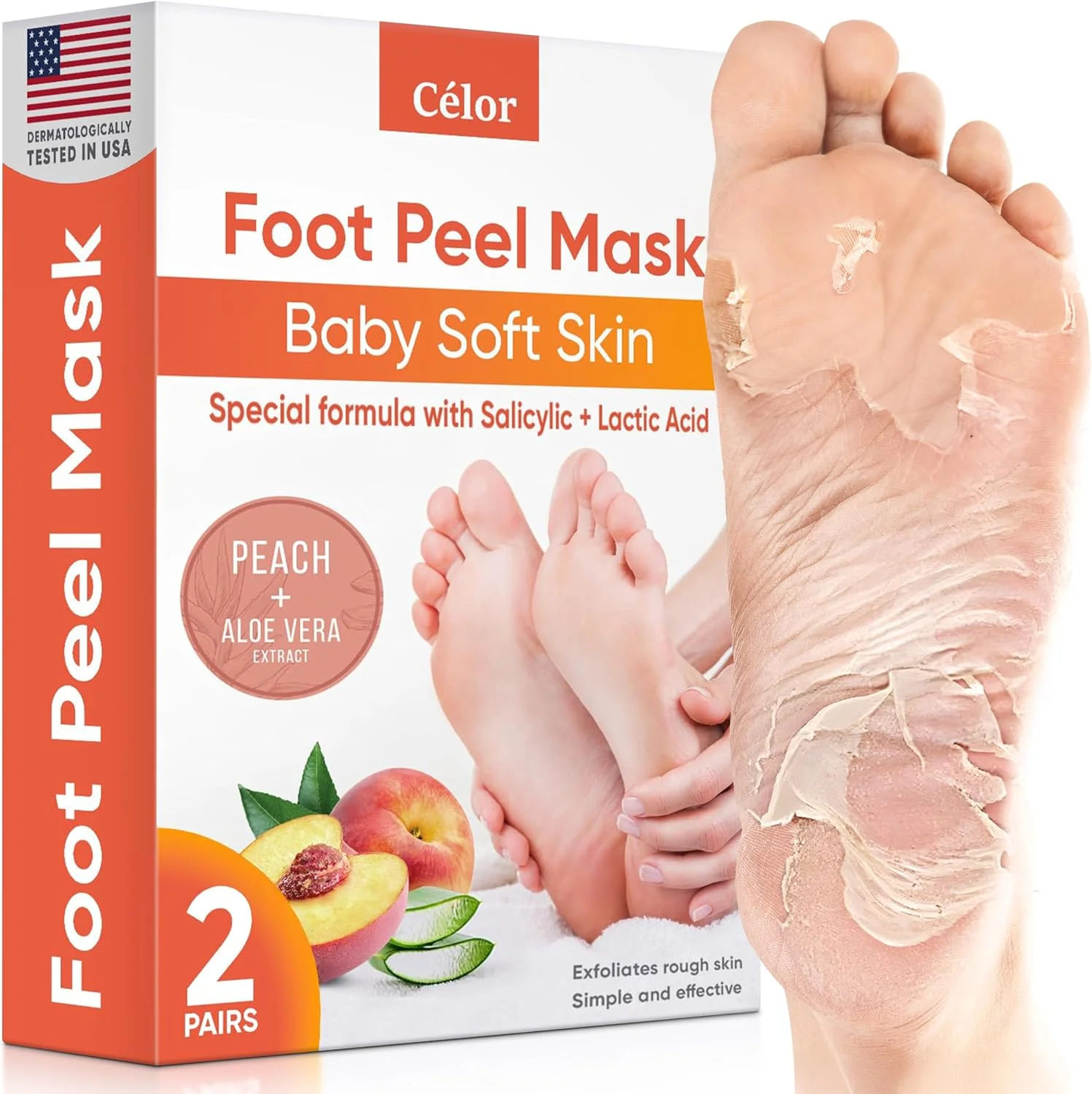 ماسک لایه بردار پا - ماسک پا برای داشتن پوست نرم کودکانه - از بین بردن پوست مرده، خشکی، ترک خوردگی پا و پینه، اسپا پا، ساخته شده با عصاره آلوئه ورا برای زنان و مردان (2 جفت هلو)