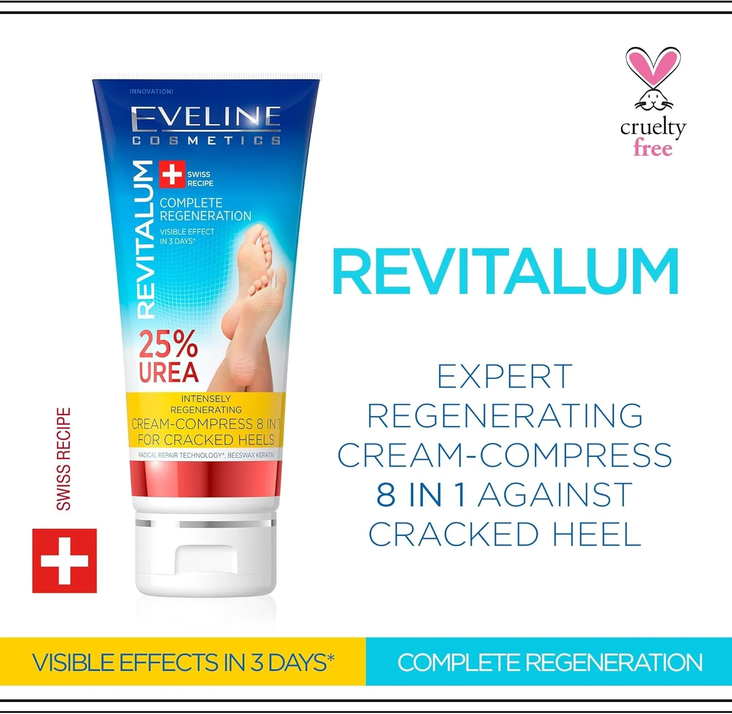کرم ترمیم کننده پاشنه پا 8 در 1 Eveline Cosmetics Revitalum حاوی 25% اوره - کرم مرطوب کننده قوی پا برای پاشنه های ترک خورده و پاهای خشک - فرمولاسیون وگان با فناوری Radical Repair Technology™