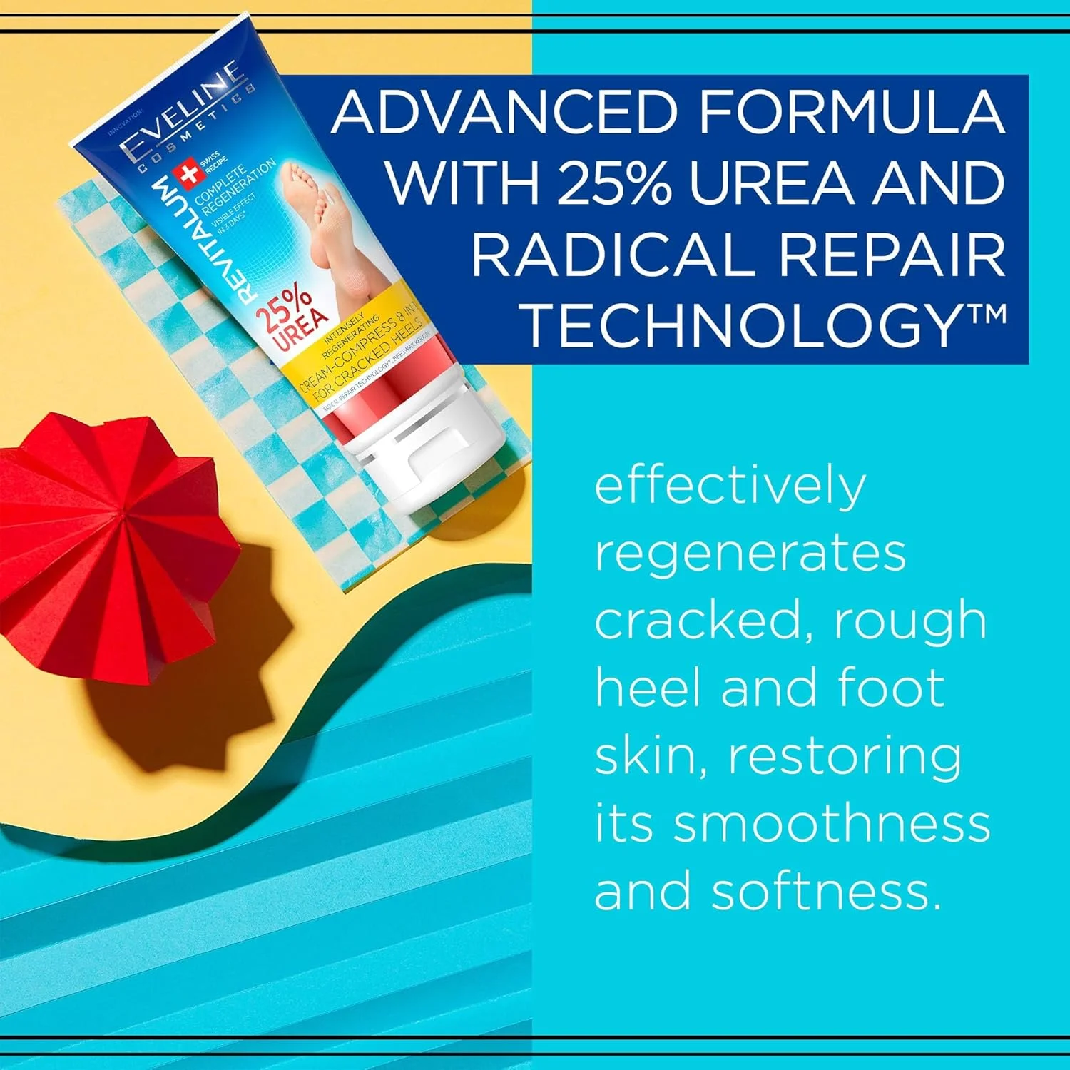 کرم ترمیم کننده پاشنه پا 8 در 1 Eveline Cosmetics Revitalum حاوی 25% اوره - کرم مرطوب کننده قوی پا برای پاشنه های ترک خورده و پاهای خشک - فرمولاسیون وگان با فناوری Radical Repair Technology™