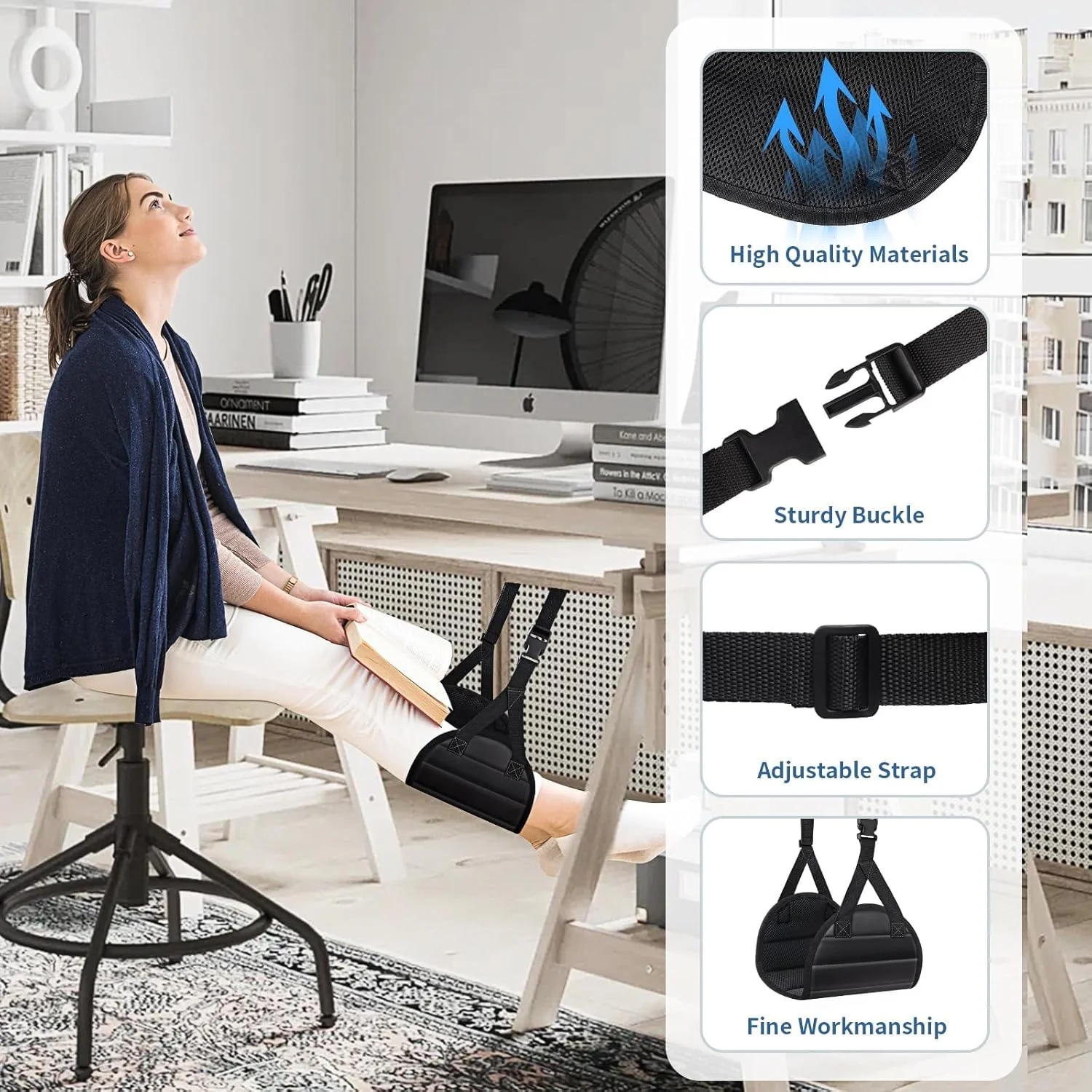 زیرپایی هواپیما، زیرپایی قابل تنظیم برای زیر میز کار، ملزومات سفر با چشم بند و گوش گیر، زیرپایی میز برای استراحت پا (1 ست)