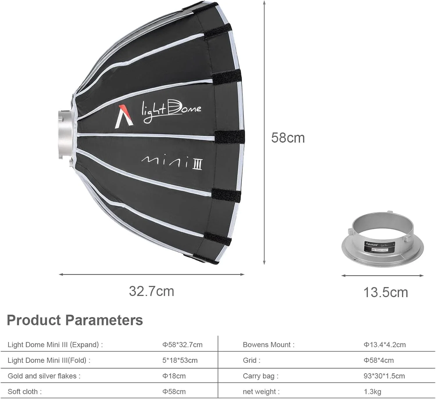 نرم‌افزار نور Aputure Light Dome Mini III، سافت‌باکس هشت ضلعی با پایه Bowens، اصلاح‌کننده نور نرم با راه‌اندازی سریع برای نور ویدئویی Aputure Amaran 200/100/300c/150c/60d s/60x s