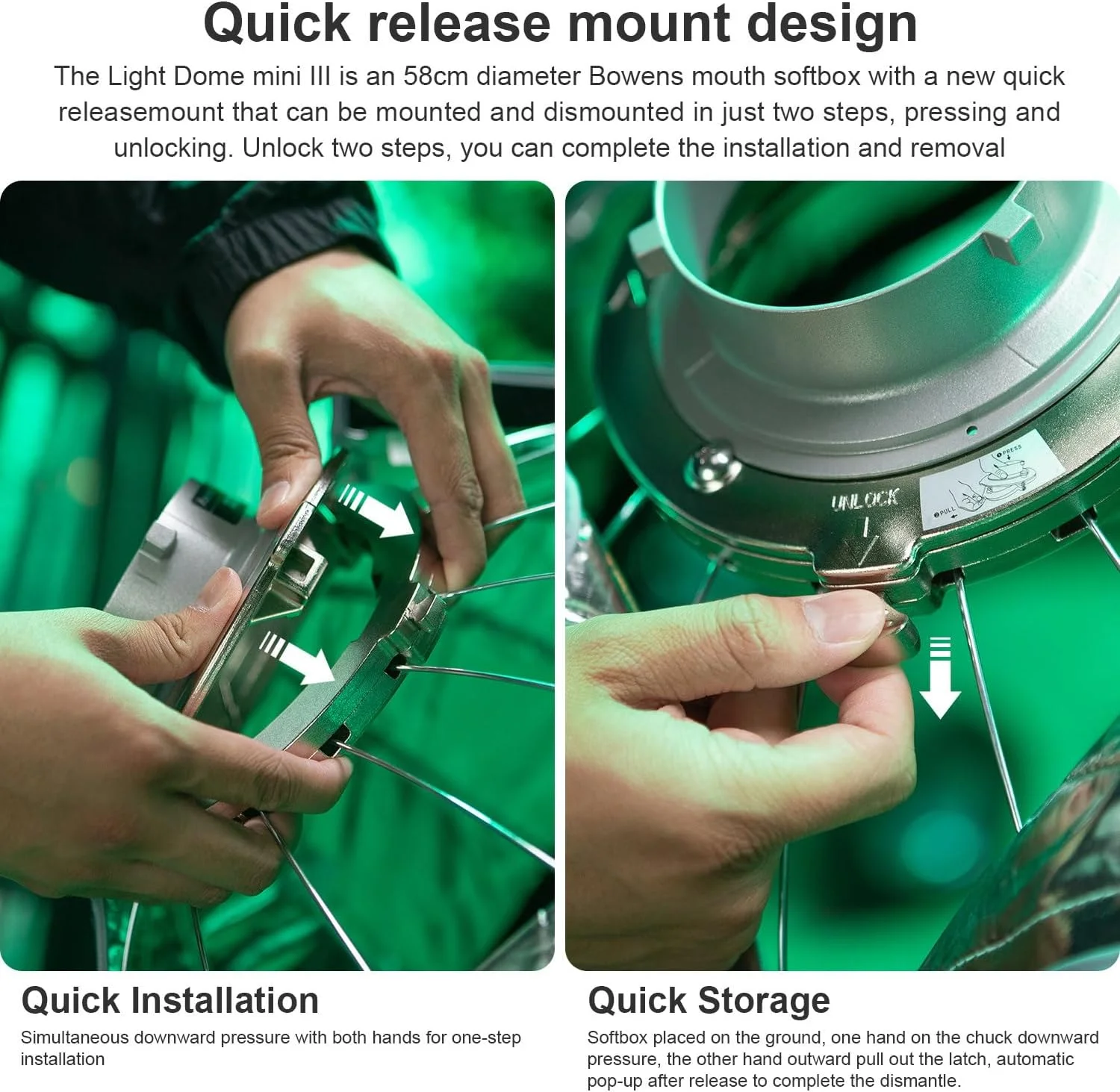 نرم‌باکس دایره‌ای تاشو سریع Aputure Light Dome Mini III با قطر ۶۰ سانتی‌متر و مانت بوئنز، طراحی فشرده و مناسب برای Amaran 150c 300c COB 60d/x S, 100d/x S, 200d/x S, LS C300dII, LS 600c Pro