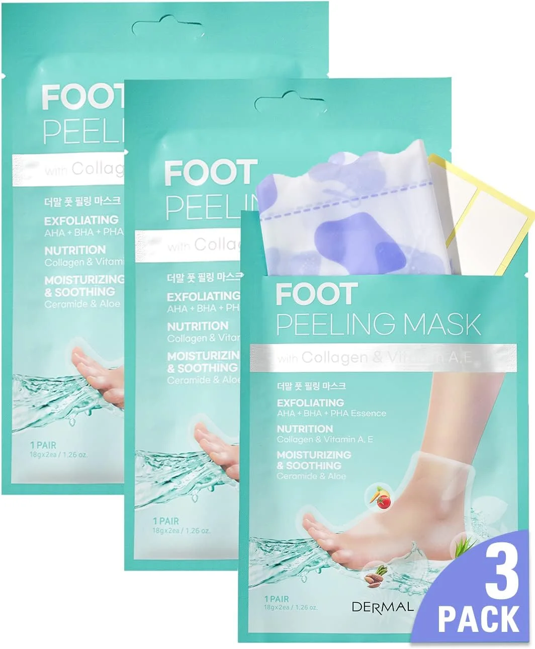 ماسک لایه بردار پا DERMAL KOREA بسته 3 عددی برای پاهای خشک و پاشنه های ترک خورده و پینه دار با آلوئه ورا و کلاژن - ماسک لایه بردار با Aha، Bha و Pha و برای مرطوب کردن، تسکین و طراوت پاها