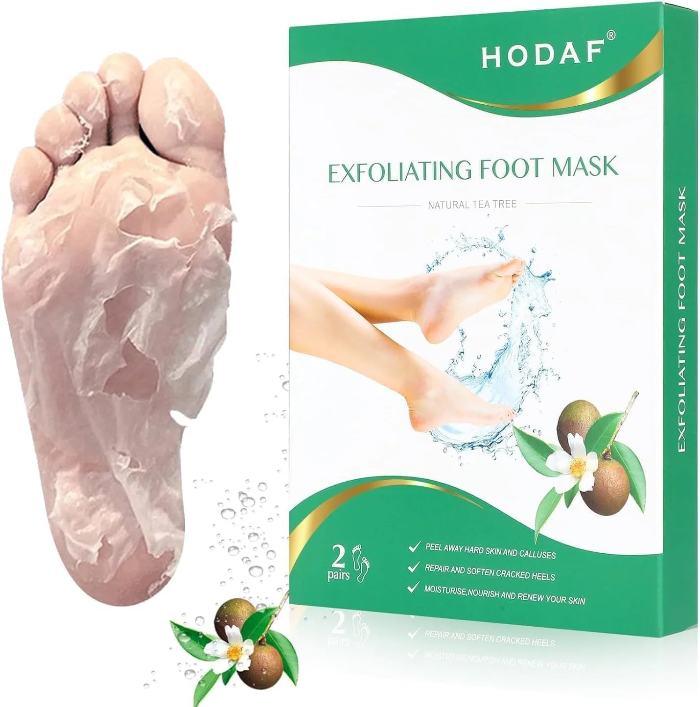 ماسک لایه بردار پا برای پوست های سفت، ماسک لایه بردار پا با روغن درخت چای برای پوست های مرده، جوراب درمان پاشنه ترک خورده، جوراب مرطوب کننده فرمول گیاهی، ماسک از بین برنده پینه پا، 2 جفت