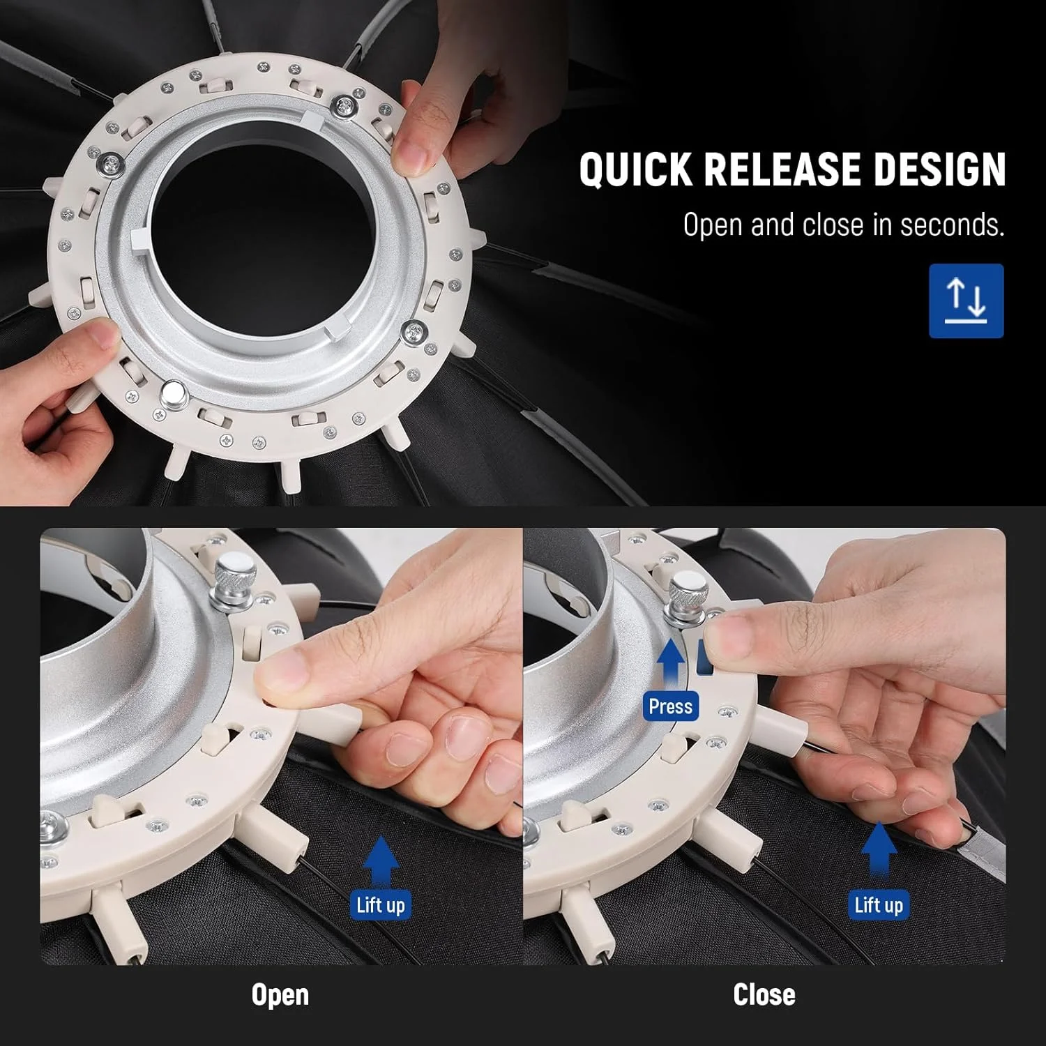 نرم باکس پارابولیک 65 سانتی متری با مانت بوئنز NEEWER، انتشار سریع با دیفیوزرها/گرید/کیف برای نورهای ویدئویی استروب CB60 CB200B MS60C MS150B S101 Vision 4 Q4 سازگار با Godox, NS6P