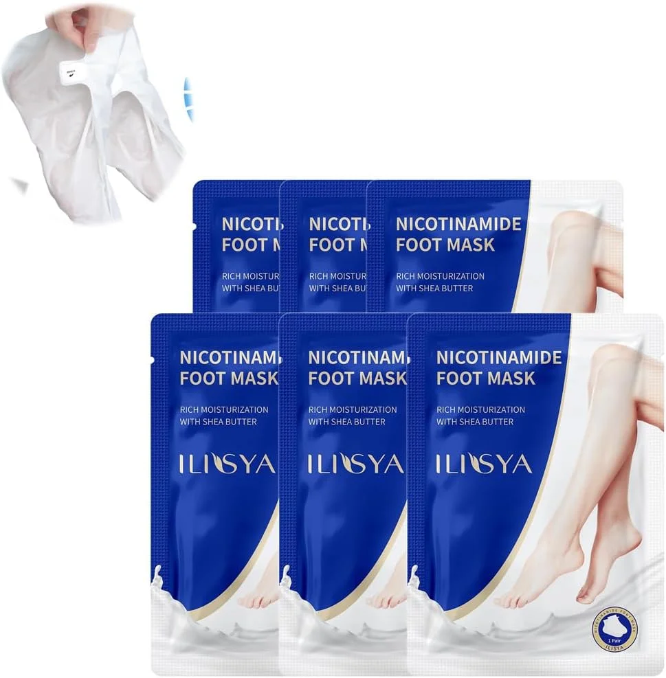 ماسک پا آزونی، بسته 6 عددی، جوراب های مرطوب کننده و آبرسان برای نرم کردن پوست زبر، خشک و ترک خورده پا، حاوی نیاسینامید + شی باتر + شیر بز