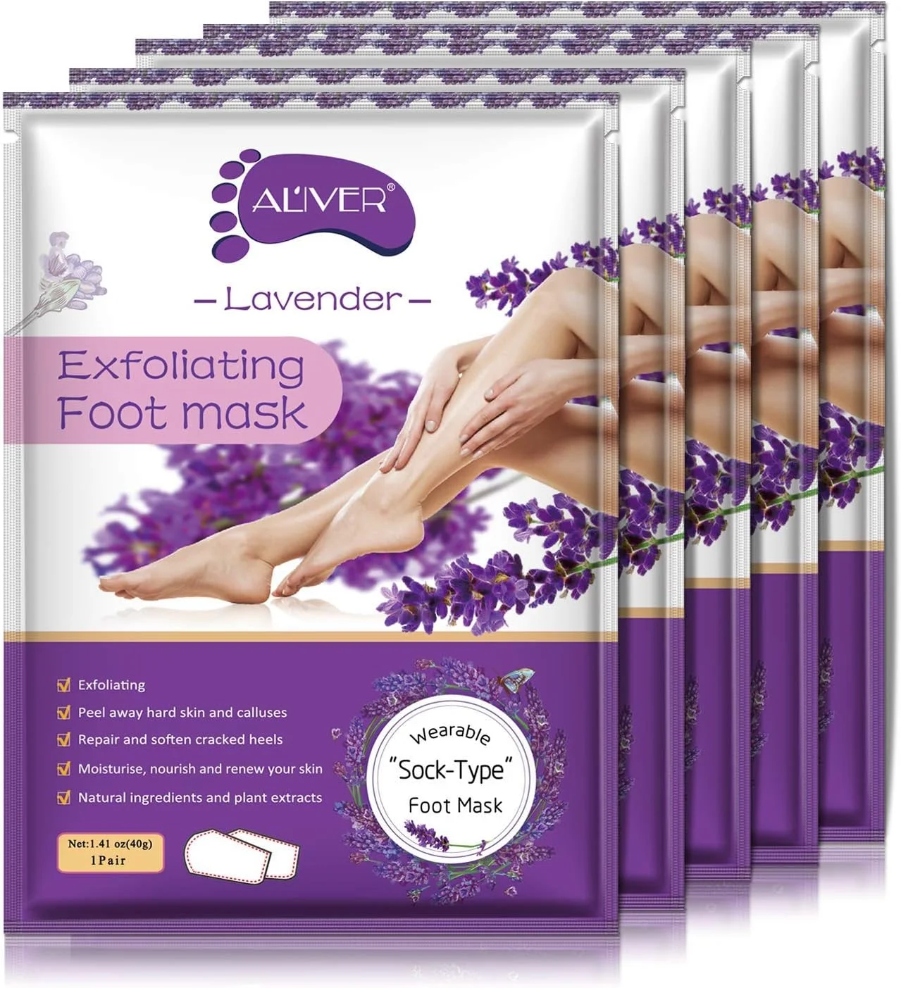 ماسک لایه بردار پا ALIVER - بسته 5 عددی، ماسک لایه بردار پا برای داشتن پوستی نرم مانند پوست کودک، ترمیم پوست مرده، پینه و ترک پا - اسطوخودوس