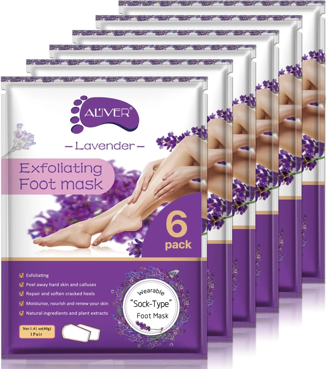 ماسک لایه بردار پا ALIVER، بسته 6 عددی، لایه بردار اسطوخودوس برای پینه، پوست مرده، ترمیم پاشنه های زبر برای زنان و مردان