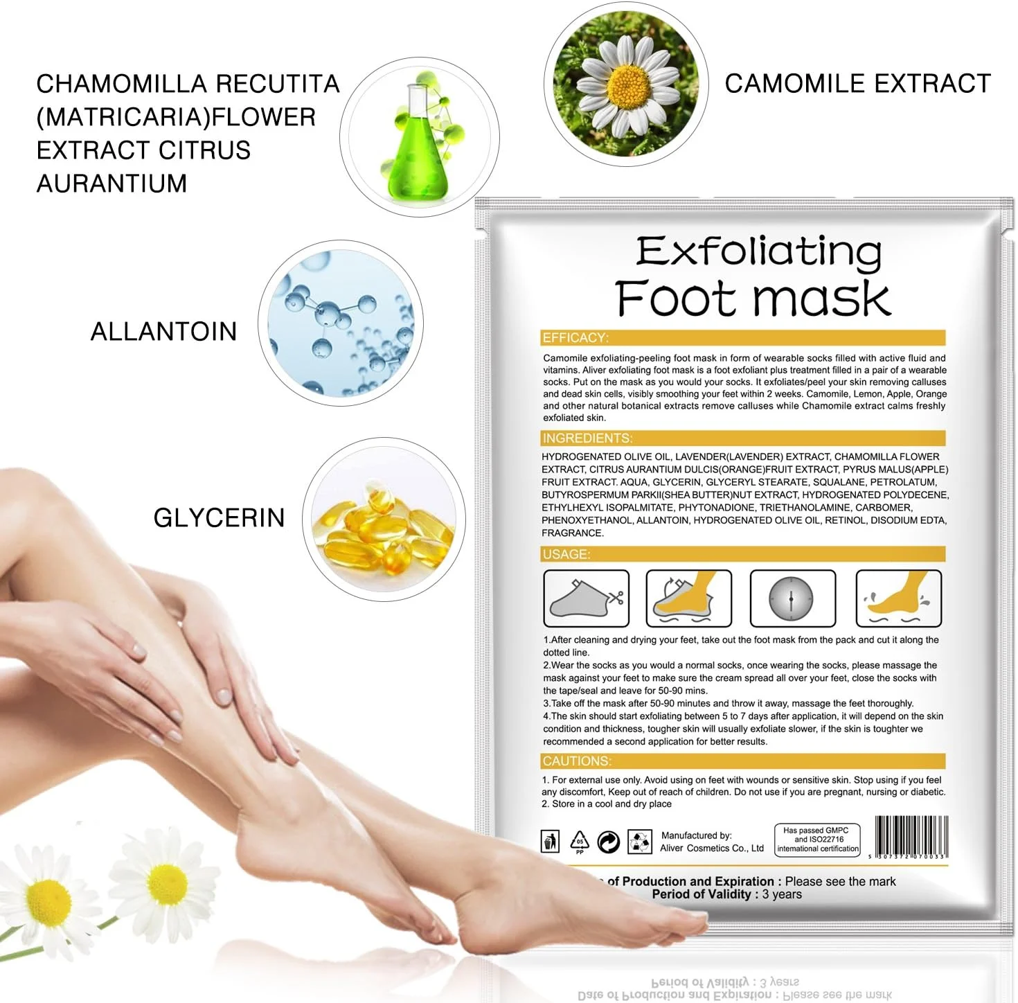 ماسک لایه بردار پا آلیور، بسته 3 عددی، لایه بردار پینه و پوست خشک و مرده، پاهای نرم و لطیف کودکانه در 1-2 هفته برای آقایان و بانوان (بابونه)