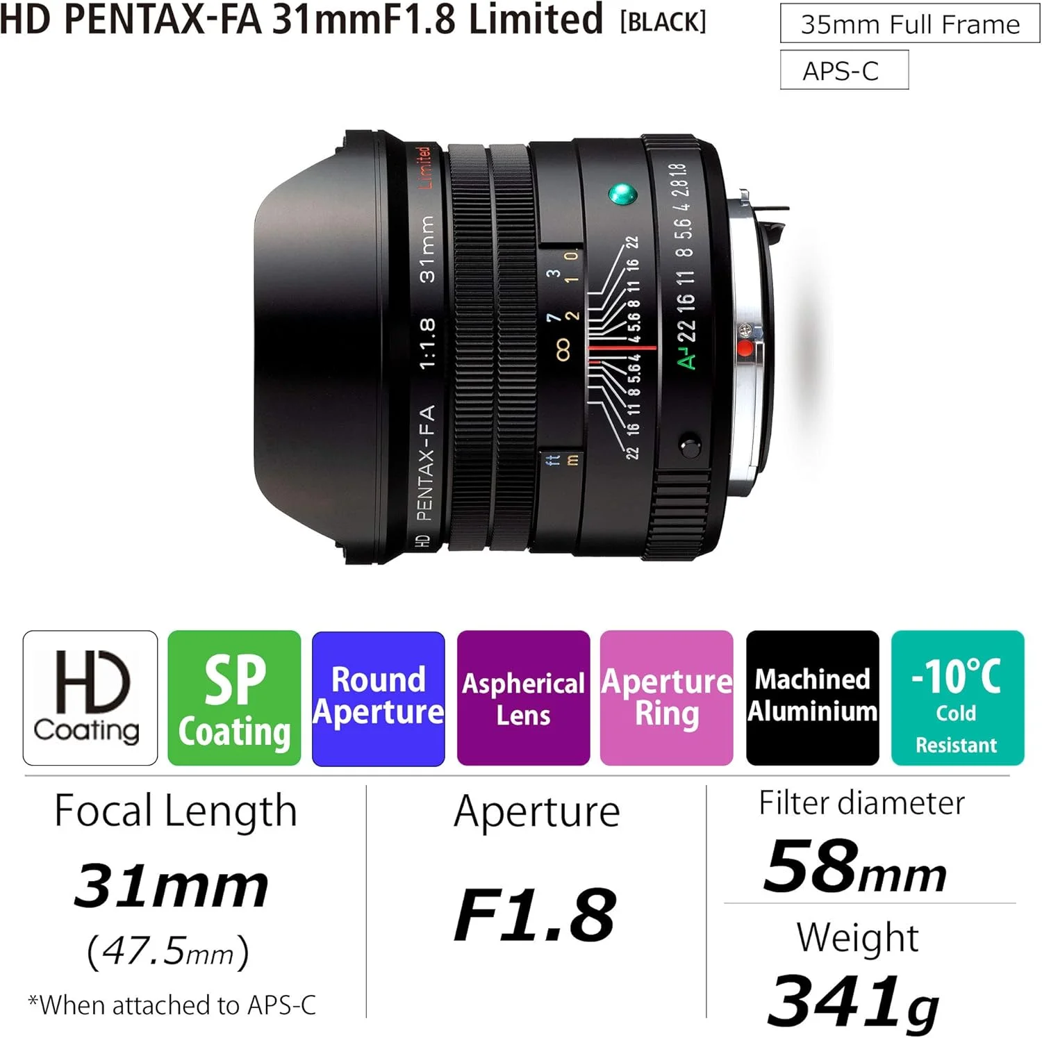 لنز پرایم واید انگل محدود PENTAX HD -FA 31mmF1.8 Limited Black [لنز با دیافراگم بزرگ F1.8] [پوشش HD با عملکرد بالا] [پوشش SP] [دیافراگم گرد] [بدنه آلومینیومی ماشین کاری شده]