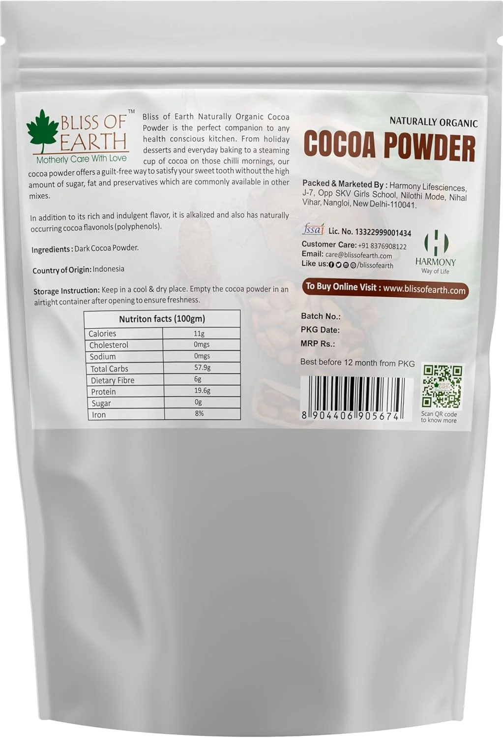 پودر کاکائو ارگانیک تیره 250 گرمی Bliss of Earth برای تهیه کیک شکلاتی و شیک شکلاتی، بدون شکر