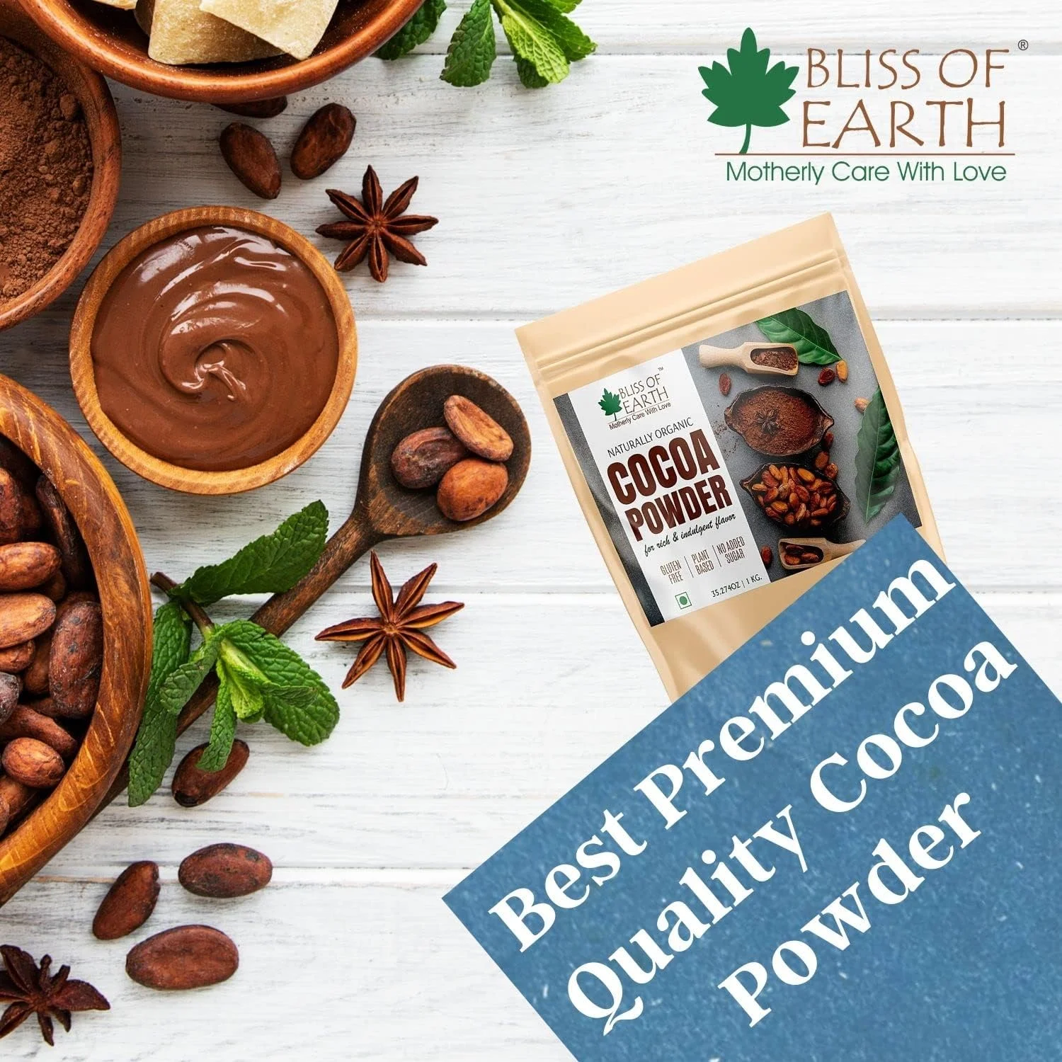 پودر کاکائو ارگانیک تیره 250 گرمی Bliss of Earth برای تهیه کیک شکلاتی و شیک شکلاتی، بدون شکر