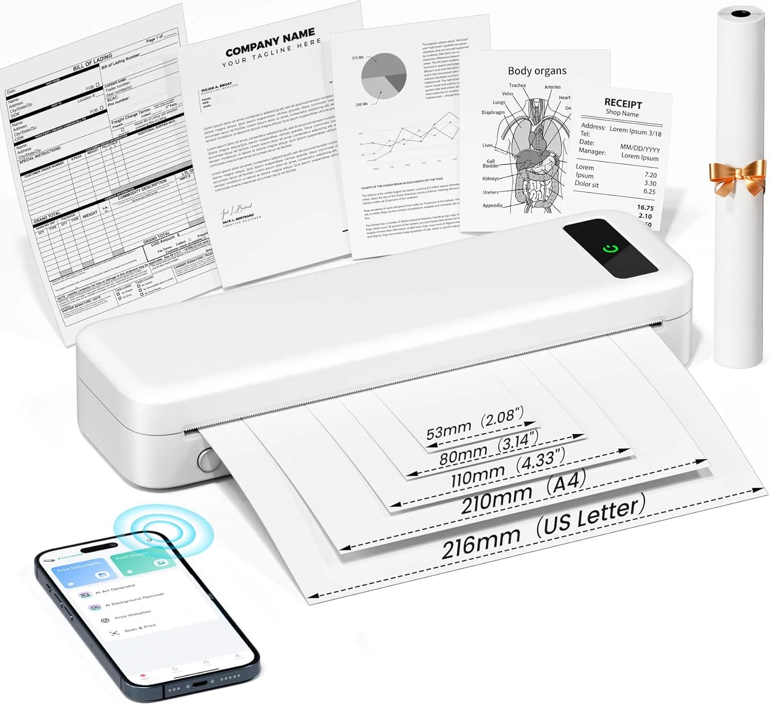چاپگر حرارتی قابل حمل، چاپگرهای قابل حمل بلوتوثی بی سیم برای مسافرت و منزل، چاپگر کوچک بدون جوهر موبایل مینی برای تلفن و لپ تاپ، پشتیبانی از کاغذ حرارتی 8.5 x 11 اینچ US Letter, A4, 4.33 اینچ, 3.14 اینچ, 2.08 اینچ
