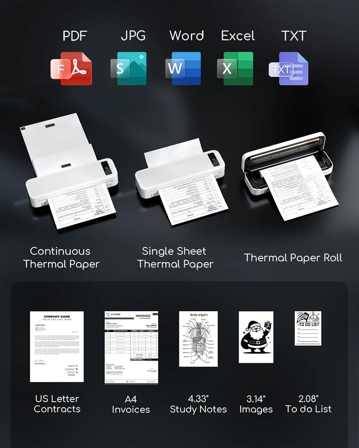چاپگر حرارتی قابل حمل، چاپگرهای قابل حمل بلوتوثی بی سیم برای مسافرت و منزل، چاپگر کوچک بدون جوهر موبایل مینی برای تلفن و لپ تاپ، پشتیبانی از کاغذ حرارتی 8.5 x 11 اینچ US Letter, A4, 4.33 اینچ, 3.14 اینچ, 2.08 اینچ