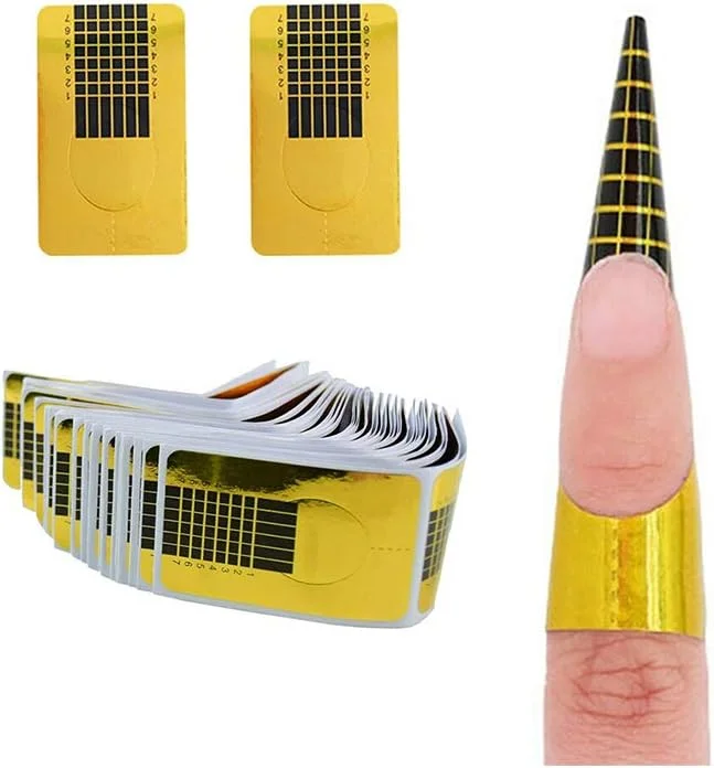 استیکر فرم ناخن طلایی، راهنمای اکستنشن چسبی، نوک اکریلیک ژل یو وی - 100 عددی - نوک ژل یو وی، لوازم جانبی سینی کاغذی طراحی مانیکور طلایی