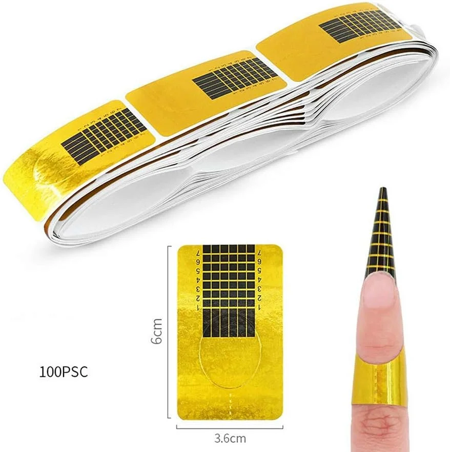 استیکر فرم ناخن طلایی، راهنمای اکستنشن چسبی، نوک اکریلیک ژل یو وی - 100 عددی - نوک ژل یو وی، لوازم جانبی سینی کاغذی طراحی مانیکور طلایی