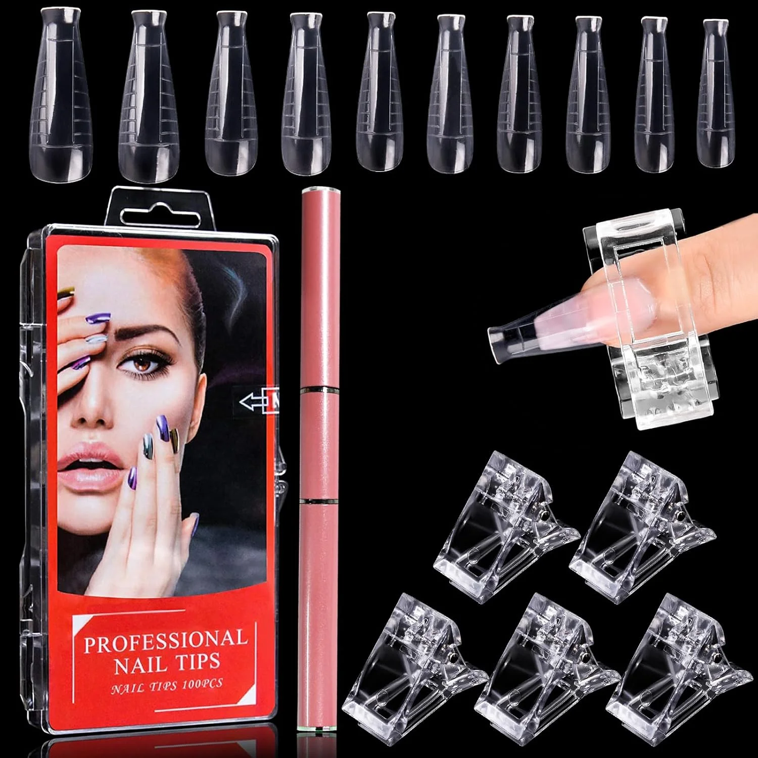 مجموعه ابزار اکستنشن ناخن اکرلیک EBANKU شامل 100 عدد قالب ناخن دوگانه مدل T، برس دو طرفه ژل و انتخاب کننده، 5 عدد گیره ناخن برای ساخت سریع ژل (مدل T)