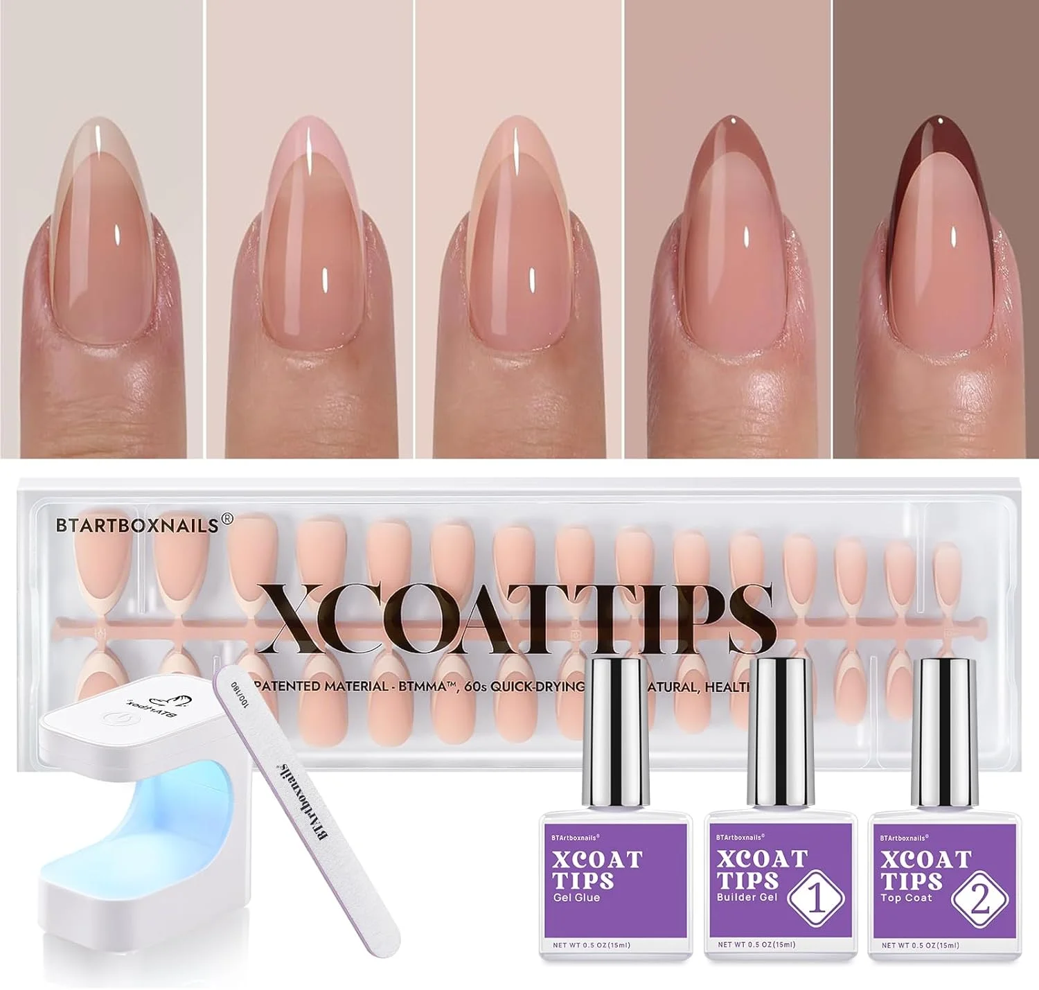 ناخن مصنوعی بادامی BTArtboxnails XCOATTIPS - ناخن های فرنچ با رنگ پوست، تیپ ناخن ژلی نرم متوسط با ژل ناخن، محافظ فرنچ دوتایی، چراغ ناخن، کیت کامل اکستنشن ناخن مصنوعی