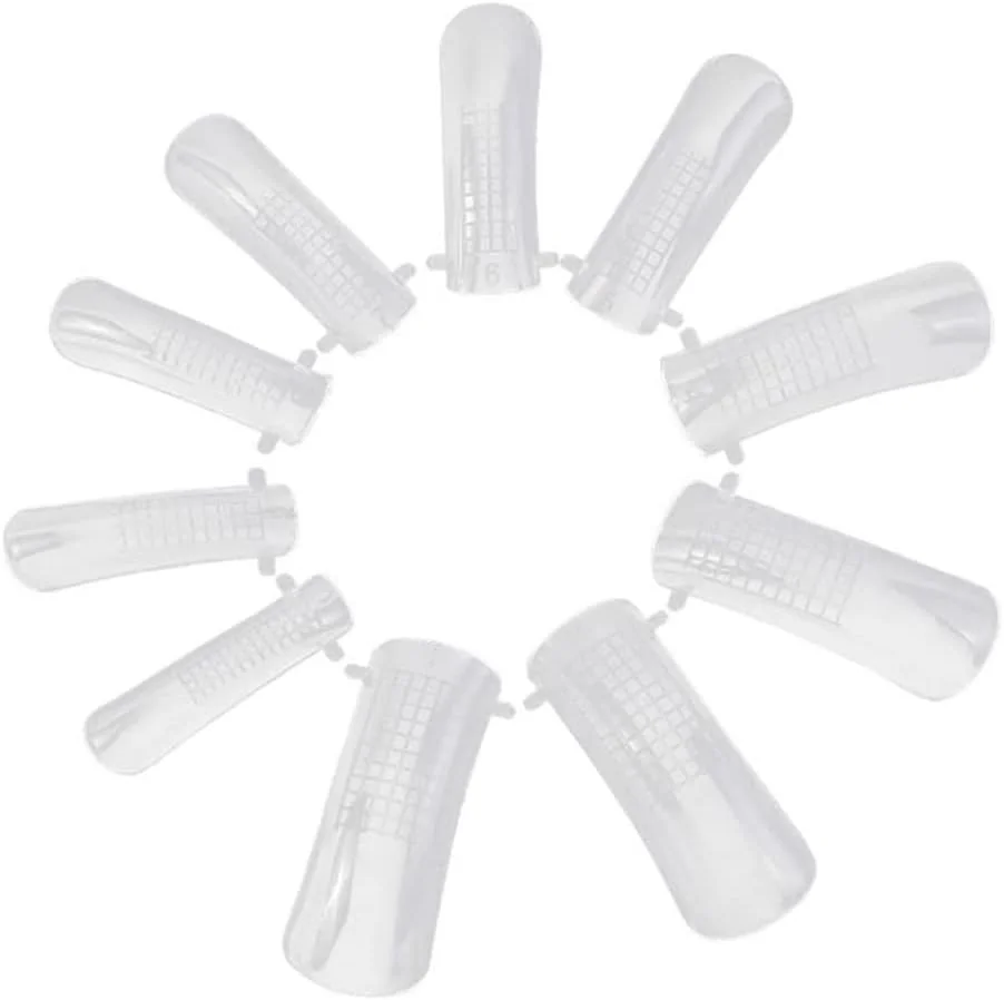 100 عدد قالب ناخن مصنوعی شفاف با پوشش کامل، ابزار ژل UV، فرم های اکستنشن ناخن اکریلیک دوگانه، 10 سایز با مقیاس، فرم ناخن با مقیاس، کیت ناخن